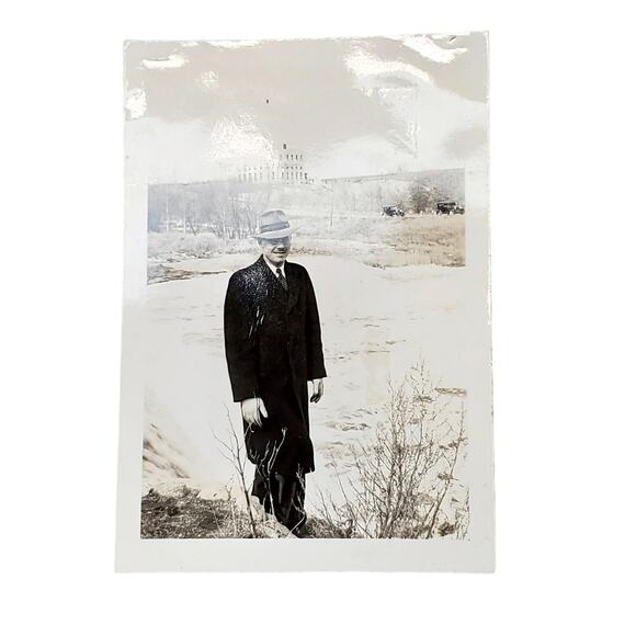 Vtg Man Posing Near Snowy Field Original Monochrome Photography Found - Picture 1 of 4
